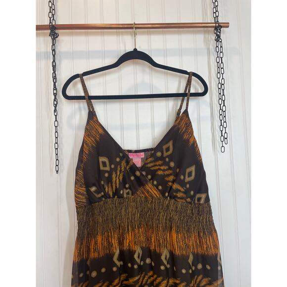 She’s is Cool Women’s V-Neck Maxi Dress Brown & Yellow Print Sleeveless Size 2XL - Picture 2 of 8